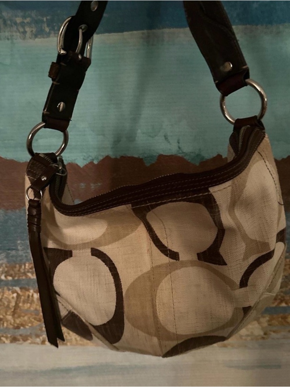 Coach Carly Signature Hobo Shoulder Bag in Beige and Brown
